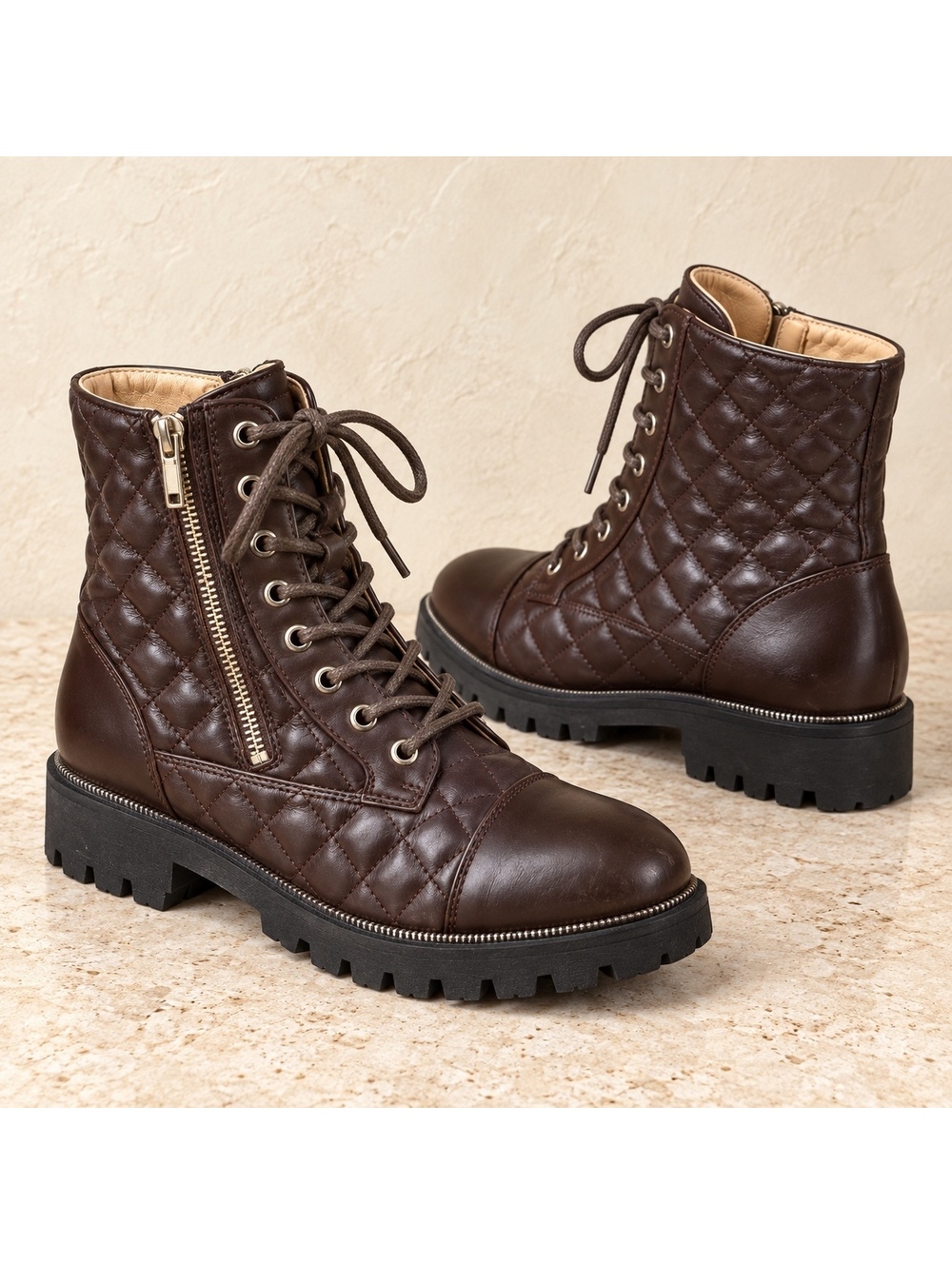 Ron White Womens Boots 38.5 Brown Quilted Lace Up Combat Lug Sole Side Zip